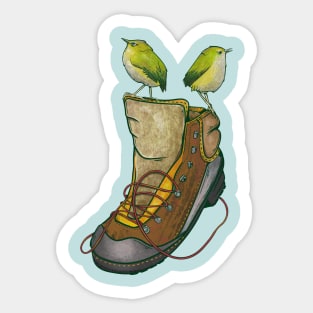 Rock wrens on an old boot Sticker